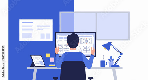 Man Working on Computer at Desk.