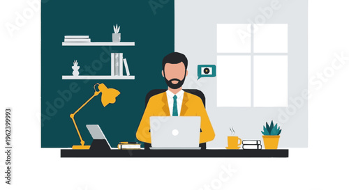 Man Working on Laptop at Desk.