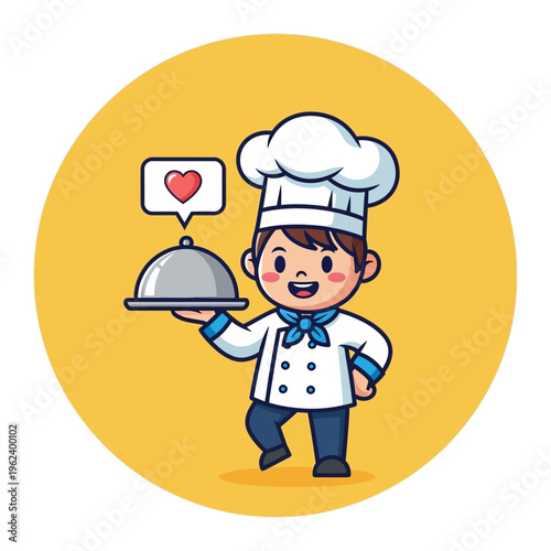 Cute Chef Boy Serving Food Dish with Heart Icon, Professional Kitchen Uniform, Happy Meal Presentation