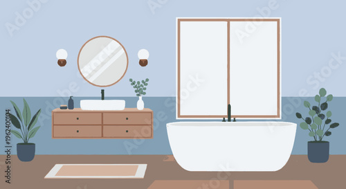 Modern Bathroom Interior with Bathtub and Sink.