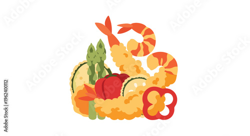 A vibrant food illustration showcasing a variety of tempura items. Shrimp, asparagus, pepper, zucchini and other colorful elements, all arranged together