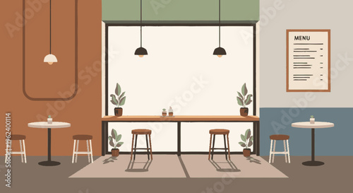 Modern Coffee Shop Interior with Tables and Chairs.