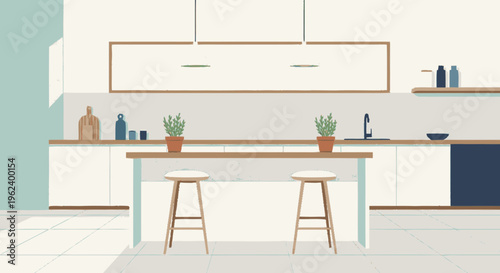 Modern Kitchen Island with Stools and Plants.