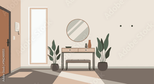 Modern Interior with Console Table and Plants.