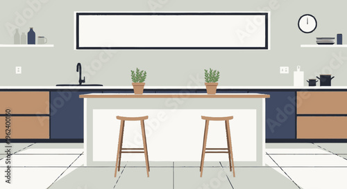 Modern Kitchen Counter with Stools and Plants.