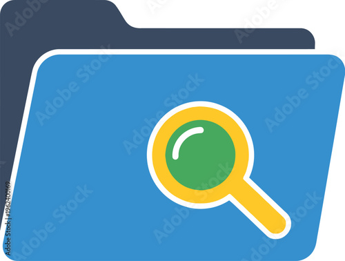 A stylized blue folder icon with a magnifying glass overlay suggests efficient file searching and document retrieval.