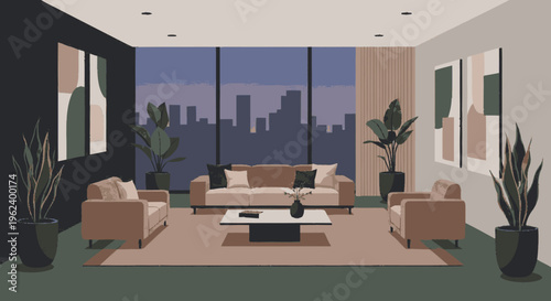Modern Living Room Interior with Sofas and Plants.