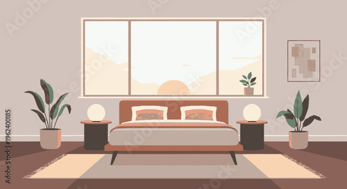 Modern Minimalist Bedroom with Bed and Plants.