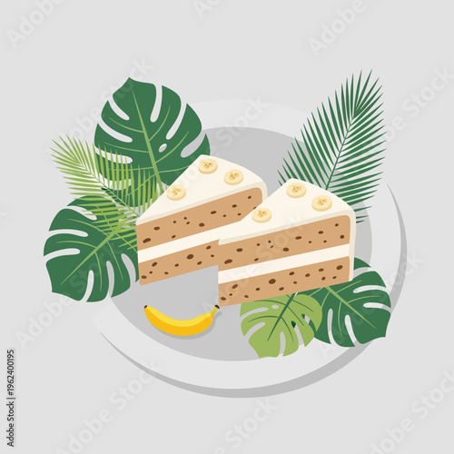 Delicious Banana Cake Slices with Tropical Leaves and Fresh Banana