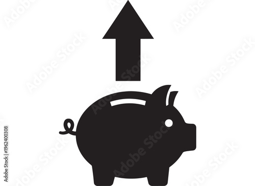 Piggy bank with black silhouette and upward arrow, symbolizing savings and financial growth. featuring finance, money, investment with economy and
