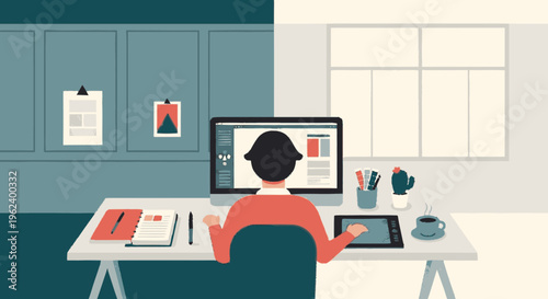 Person working on computer at desk.