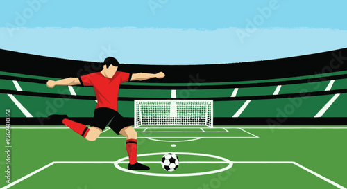 Soccer Player Kicking Ball on Field.