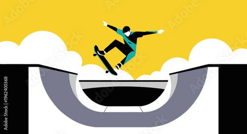 Skateboarder Performing Trick on Halfpipe Ramp.