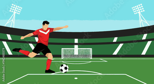 Soccer Player Kicking Ball on Field.