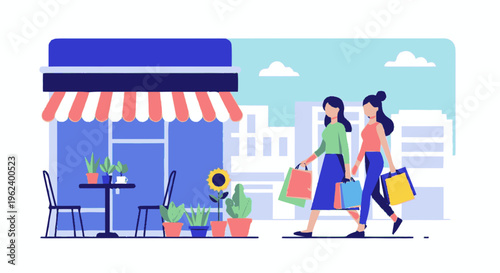 Two Women Walking with Shopping Bags.