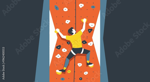 Woman Climbs Artificial Rock Wall Illustration.