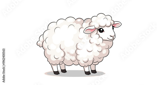 Charming fluffy white sheep, standing peacefully with a gentle expression, its thick woolly coat and small pink ears beautifully rendered.
