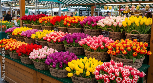 Vibrant tulip flower display at a market stall colorful and fresh on transparent background