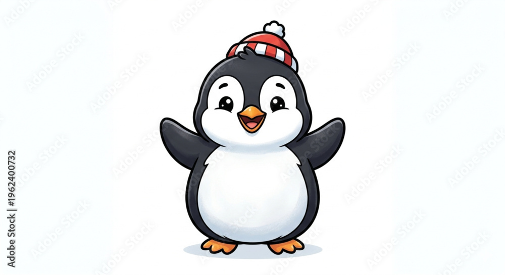 Obraz premium Adorable Little Penguin with Winter Hat Cartoon Character