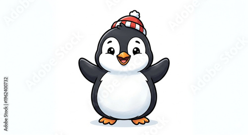 Adorable Little Penguin with Winter Hat Cartoon Character