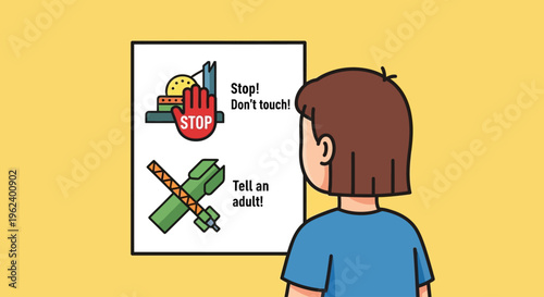 A child views warning signs on a poster in a room with caution.