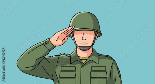 A soldier in green uniform and helmet salutes proudly outdoors.