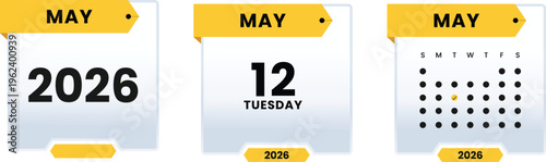 May 12 2026 Tuesday Calendar Icon Set Highlighting Specific Weekday Date with Monthly Grid View and Yearly Planner Graphic Elements for Digital Scheduling and Events