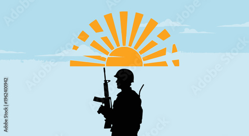 A soldier stands guard facing sunrise with rifle in hand at dawn