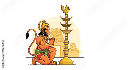 Hindu monkey god kneels beside ancient lamp in temple