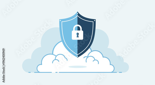 Cloud storage security concept with shield and lock on white background