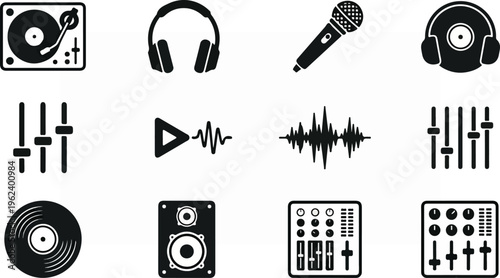 Collection of music and audio equipment icons in black and white.