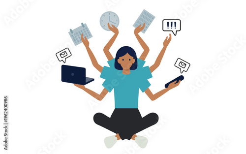 Woman sitting in a lotus pose managing office job tasks, multitasking, time management, office management concept.
