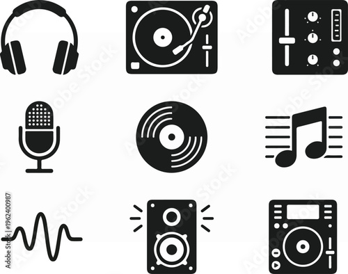 Collection of music-related icons, perfect for audio projects and designs.