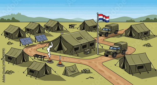 Soldiers set up a military base camp with tents and vehicles in a desert landscape.