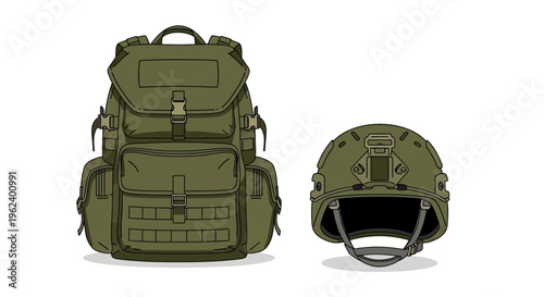 Military backpack and helmet set for outdoor tactical gear exploration