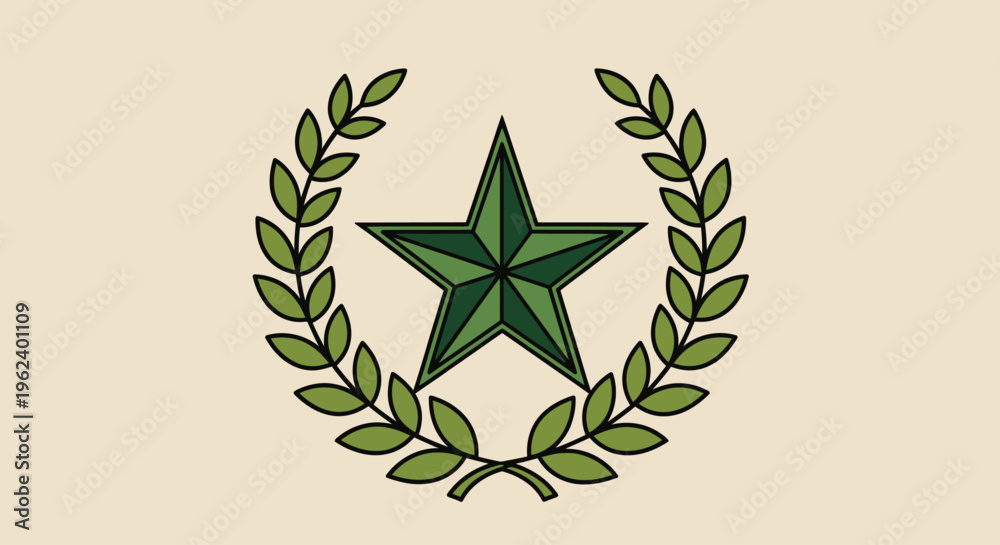 Obraz premium A green star symbol surrounded by a laurel wreath on beige background