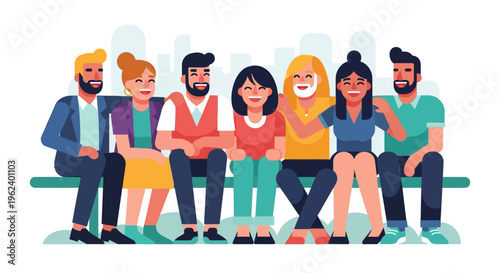 A diverse group of people sitting together on a bench outdoors