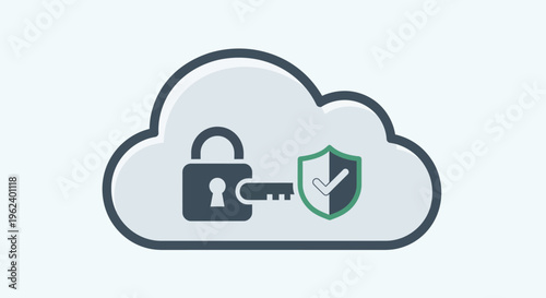 Cloud storage security with padlock, key, and shield ensures data protection