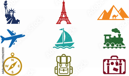 Collection of Travel Icons Representing Global Destinations and Transportation.