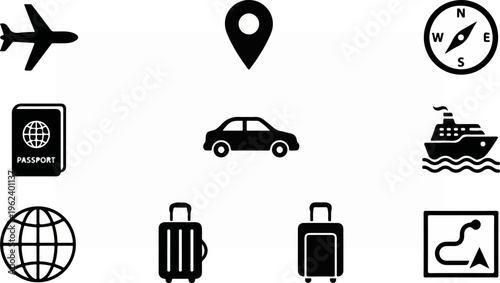 Collection of Travel Icons Representing Transportation and Tourism.