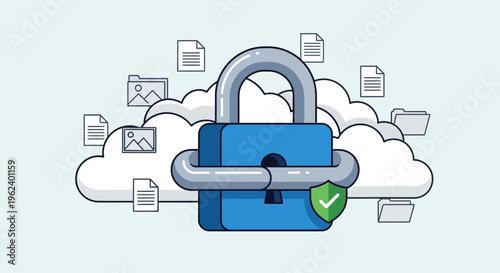Secure Cloud Storage Lock with Email Icons and Green Checkmark Online