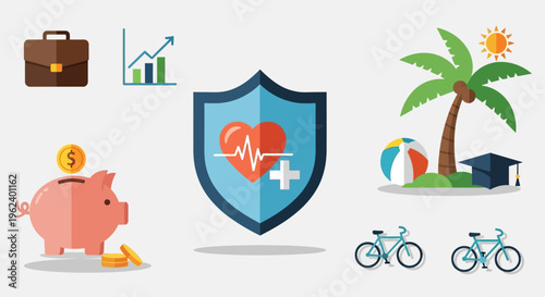Financial security icons with health shield and vacation symbols nearby