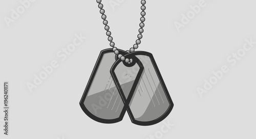A close-up view of two gray dog tags on a chain necklace
