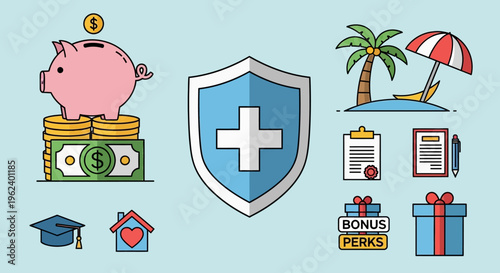 Financial icons showcase savings, insurance, and benefits on a light blue background with various symbols.