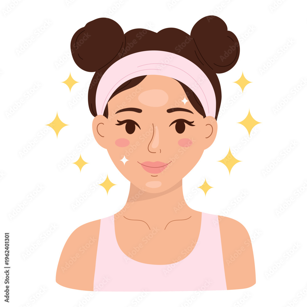 Fototapeta premium Smiling woman with glowing skin and pink headband. Flat vector illustration of female character with hair buns after beauty skincare routine.