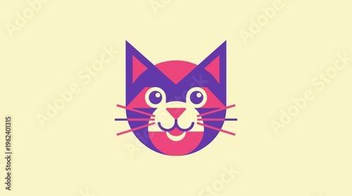 Colorful geometric cat face illustration on a light yellow background.