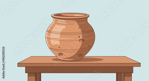 An illustration of a clay pot sitting on a wooden table indoors.