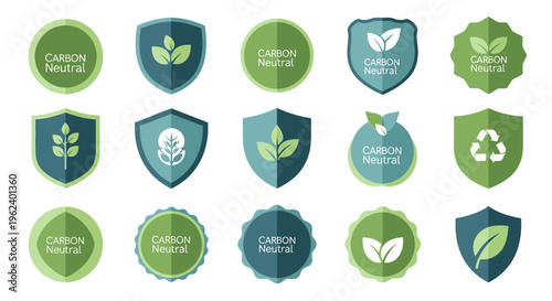 Carbon Neutral and Eco-Friendly Vector Badges Set. Sustainable Green Energy, Environmental Protection & Recycling Icons.