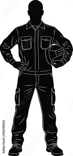 Full length silhouette of a professional construction worker standing confidently holding a hard hat, industrial engineer, safety helmet, maintenance worker