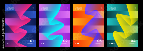 Abstract Posters Set. Bright gradient waves and stripes. Vibrant wave patterns for creative graphic design. Vector illustration.	